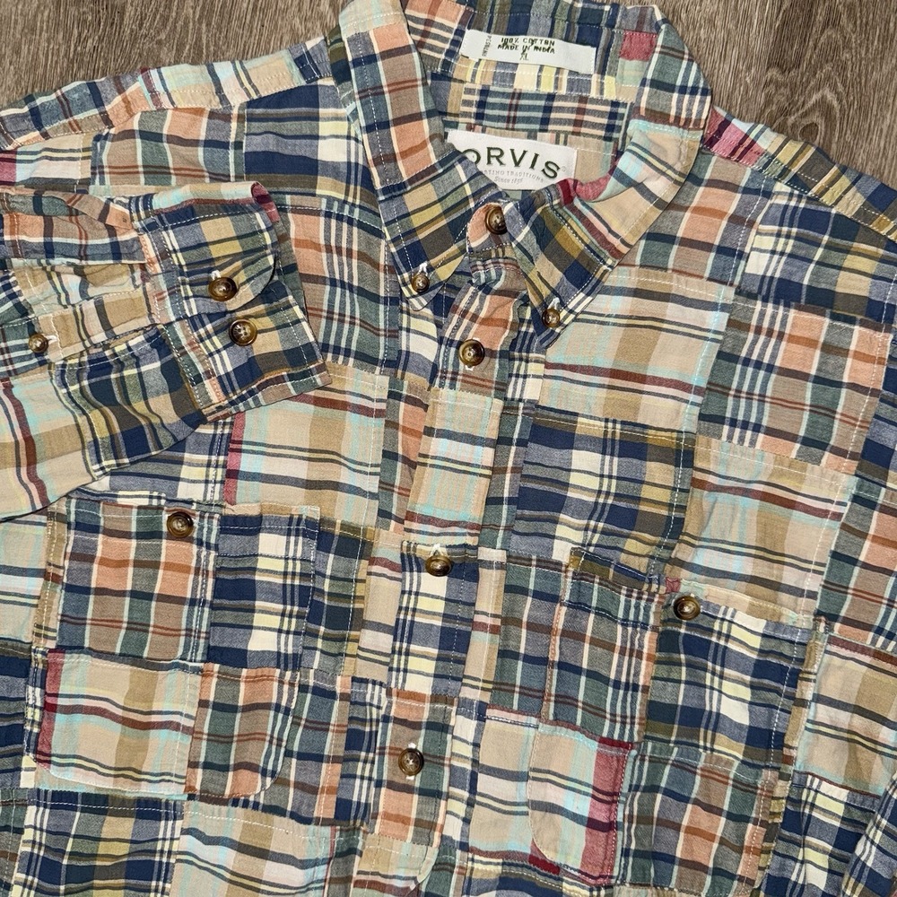 Orvis Madras Patchwork Long Sleeve Button Down Shirt Men's XL Plaid Cotton